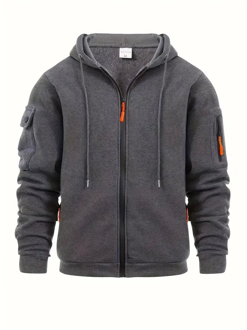 Men's Zip-Up Hoodie with Utility Pockets and Drawstring Hood