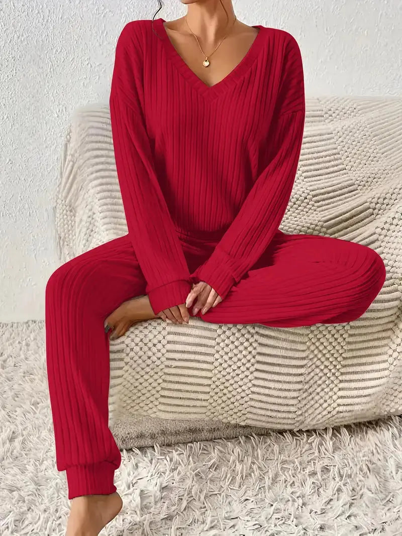 Women's 2-Piece Loungewear Set with Ribbed Long Sleeve Top and Pants
