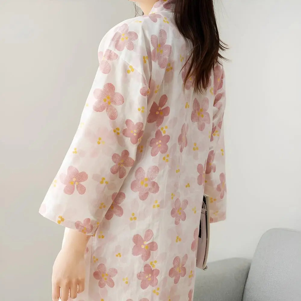 Women's Floral Kimono Dressing Gown with Belted Waist and Pockets