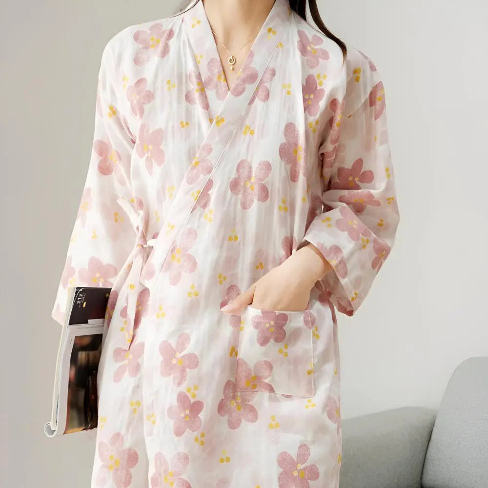 Women's Floral Kimono Dressing Gown with Belted Waist and Pockets