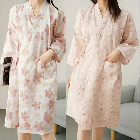 Women's Floral Kimono Dressing Gown with Belted Waist and Pockets