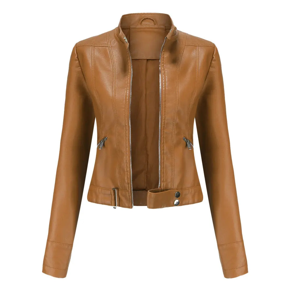Women's Leather Jacket with Zip Closure High Collar and Belt