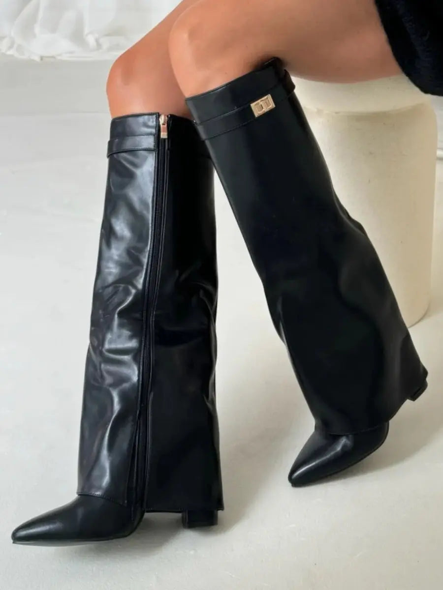 Women's Knee High Boots with Wide Flare Top and Block Heel