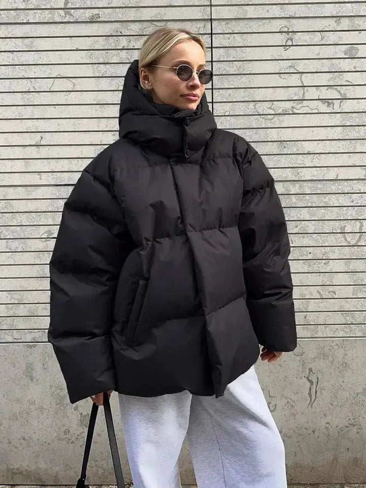 Women's Oversized High Collar Puffer Jacket with Quilted Design