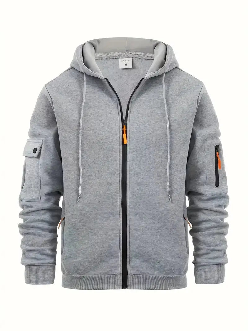 Men's Zip-Up Hoodie with Utility Pockets and Drawstring Hood