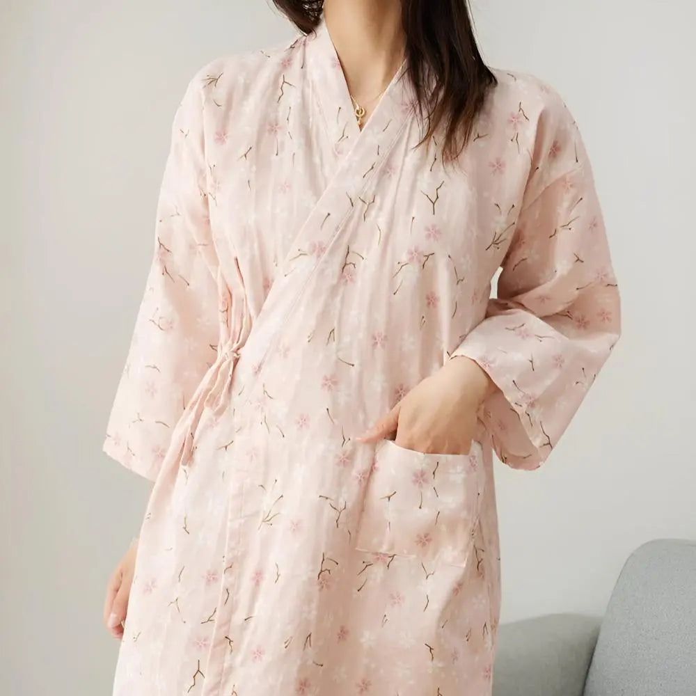 Women's Floral Kimono Dressing Gown with Belted Waist and Pockets