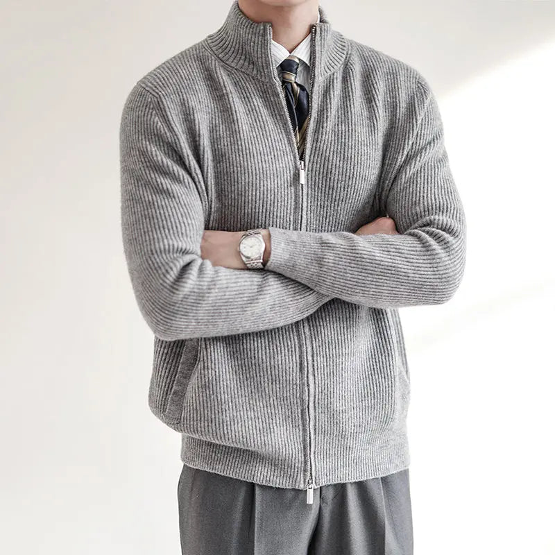 Men's Slim Fit Zip Cardigan with Ribbed Texture and Stand Collar