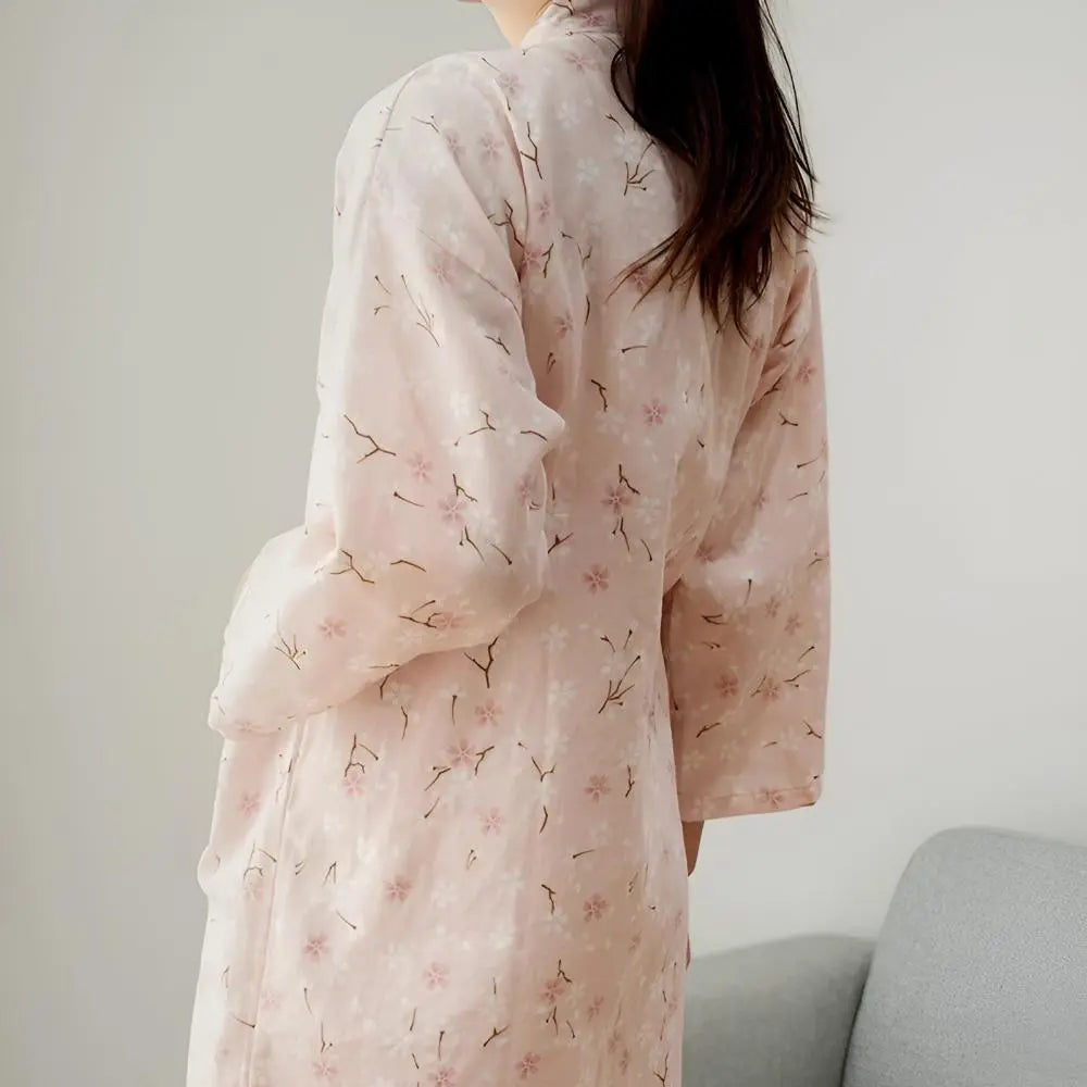Women's Floral Kimono Dressing Gown with Belted Waist and Pockets