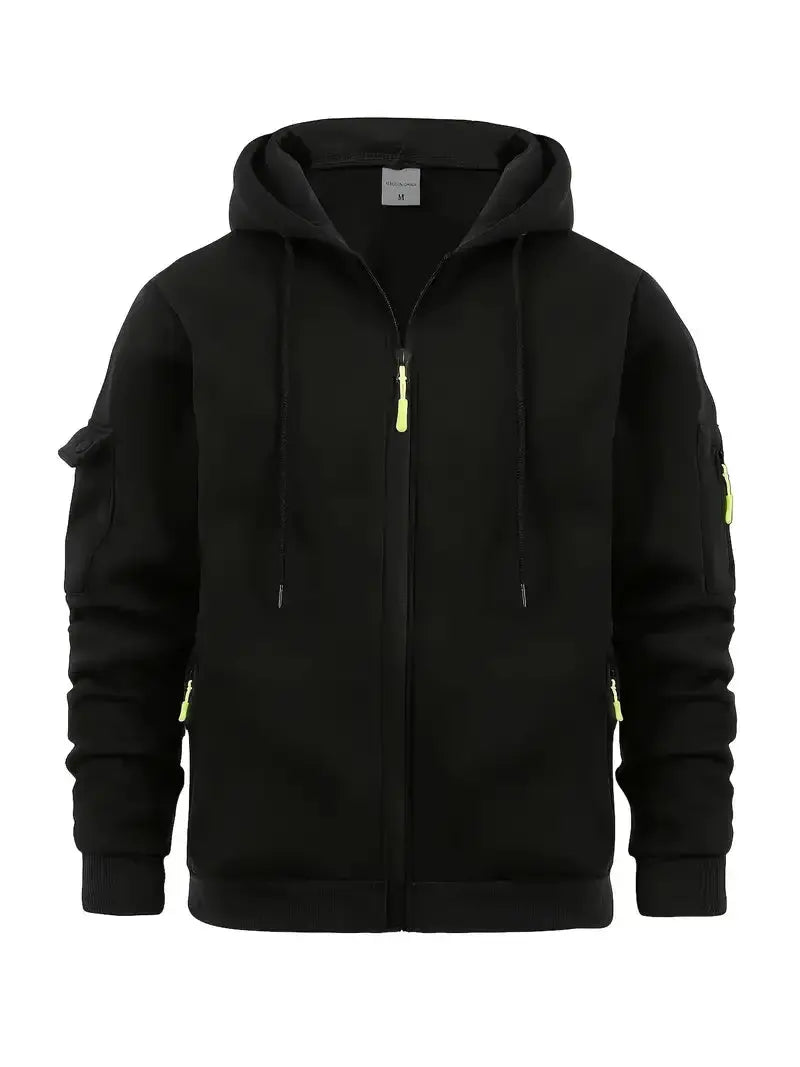Men's Zip-Up Hoodie with Utility Pockets and Drawstring Hood