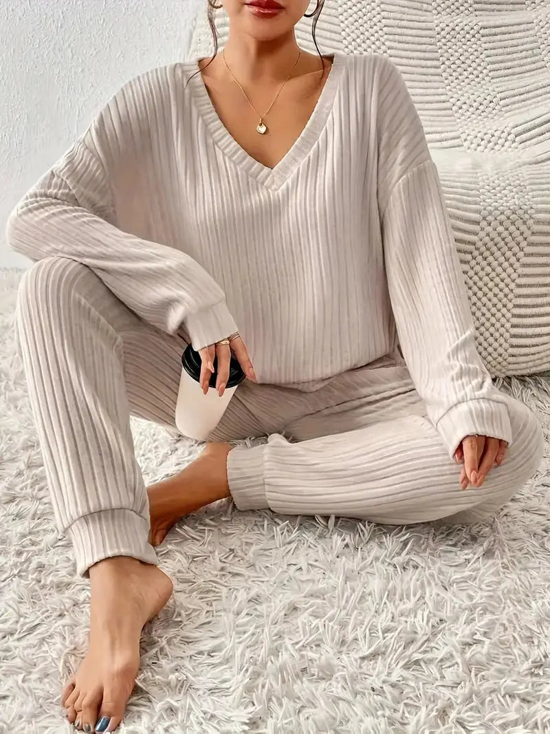 Women's 2-Piece Loungewear Set with Ribbed Long Sleeve Top and Pants