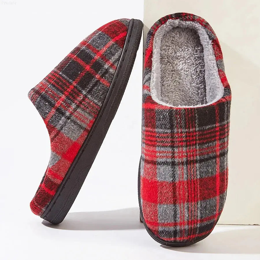 Men's Plaid Indoor Slippers with Plush Lining and Non-Slip Sole