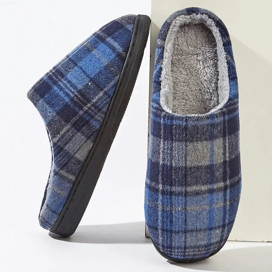 Men's Plaid Indoor Slippers with Plush Lining and Non-Slip Sole