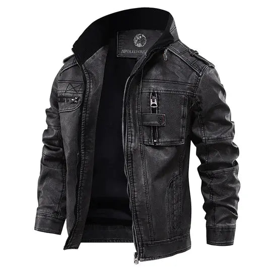 Men's Leather Jacket with Stand Collar and Zippered Chest Pocket