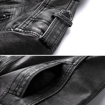 Men's Leather Jacket with Stand Collar and Zippered Chest Pocket