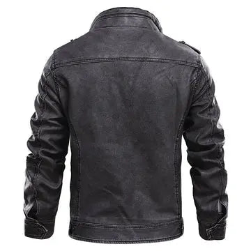 Men's Leather Jacket with Stand Collar and Zippered Chest Pocket
