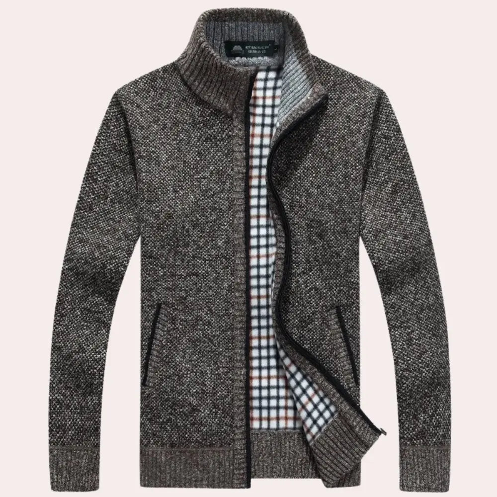 Men's Knitted Zip-Up Cardigan with Plaid Lining and Mock Neck