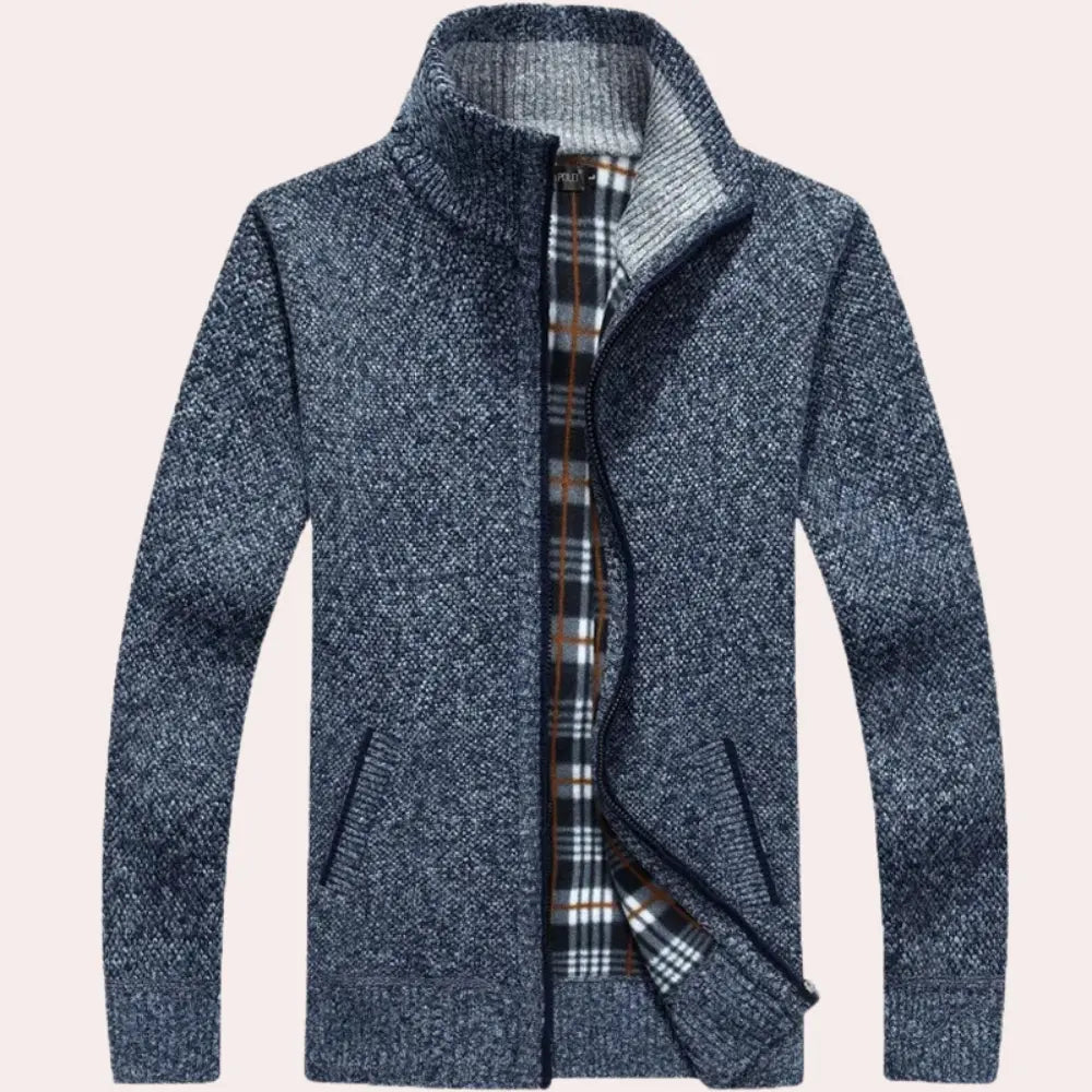 Men's Knitted Zip-Up Cardigan with Plaid Lining and Mock Neck