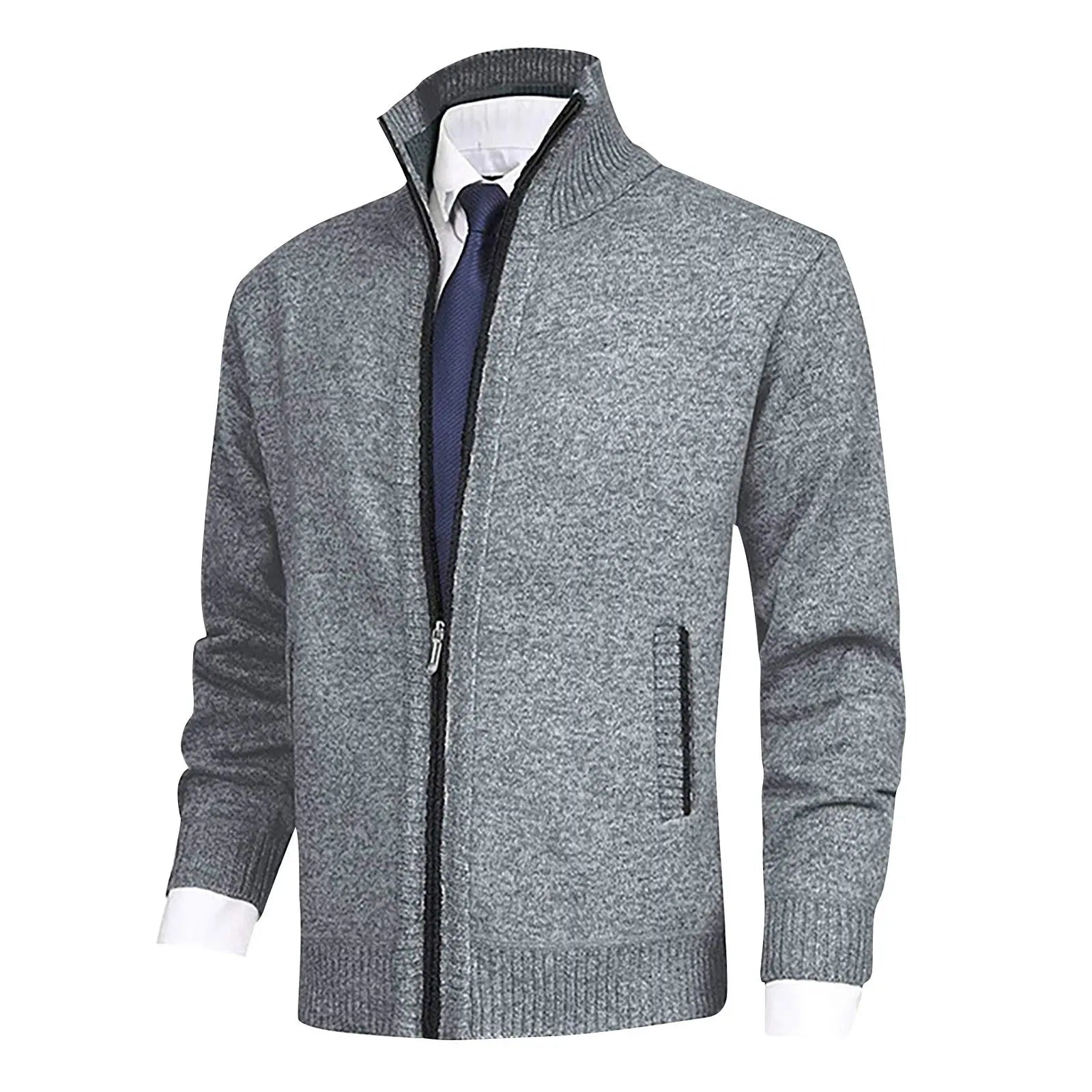 Men's Zip-Up Cardigan with Stand Collar and Ribbed Hem Detailing
