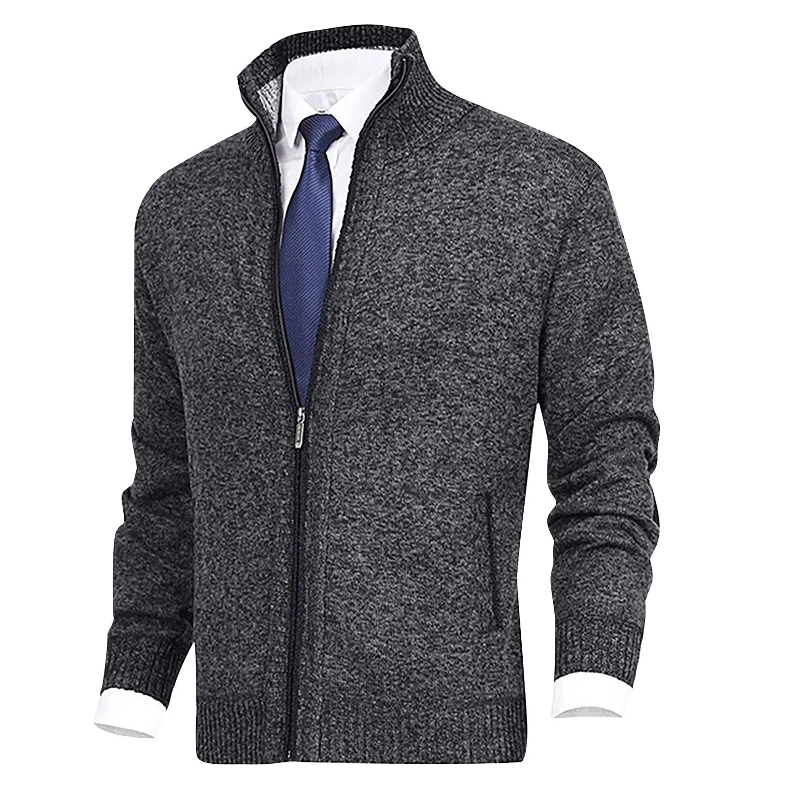 Men's Zip-Up Cardigan with Stand Collar and Ribbed Hem Detailing