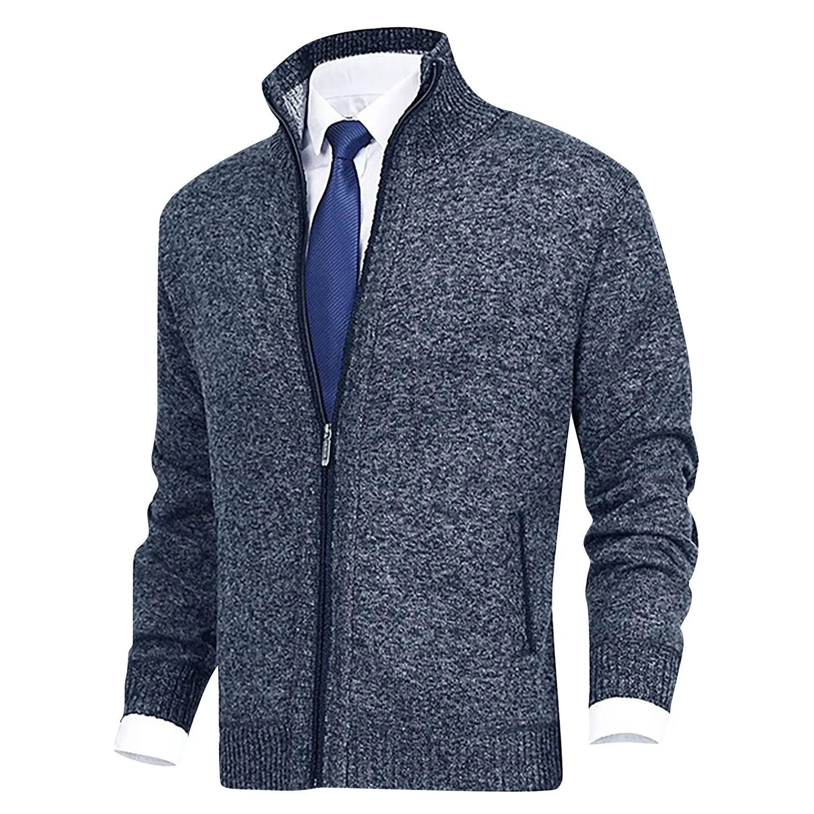 Men's Zip-Up Cardigan with Stand Collar and Ribbed Hem Detailing