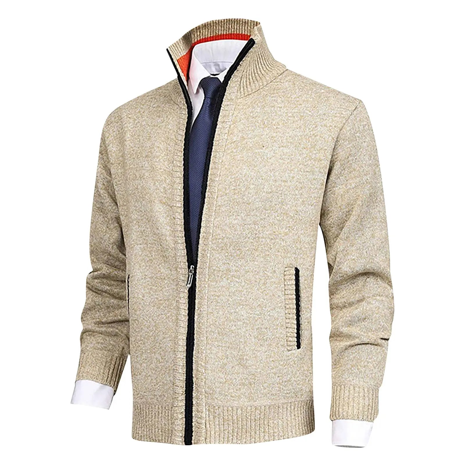 Men's Zip-Up Cardigan with Stand Collar and Ribbed Hem Detailing
