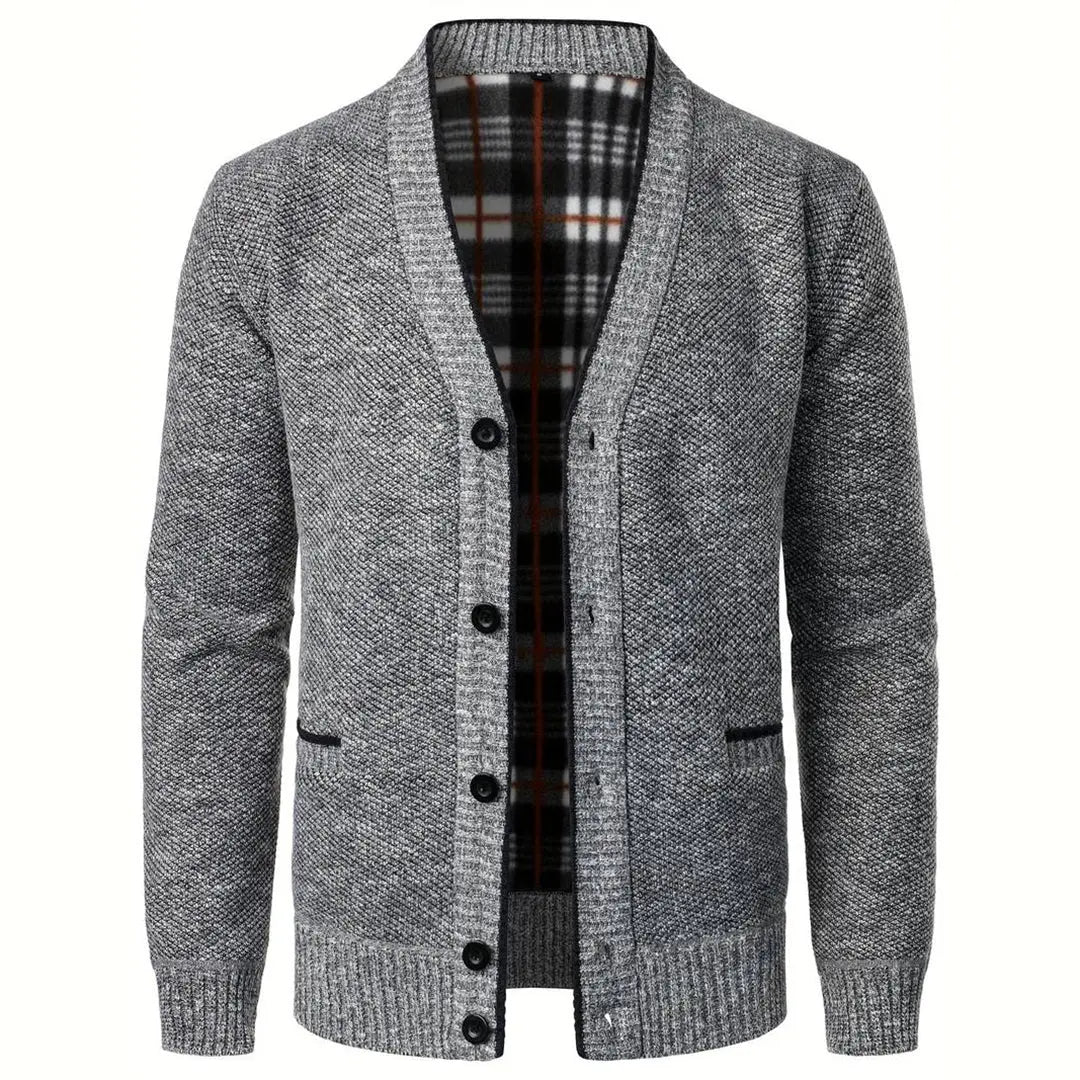 Men's V-Neck Button Cardigan with Plaid Lining and Side Pockets