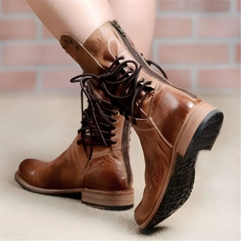 Women’s Studded Lace-Up Mid-Calf Boots with Low Heel and Vintage Finish
