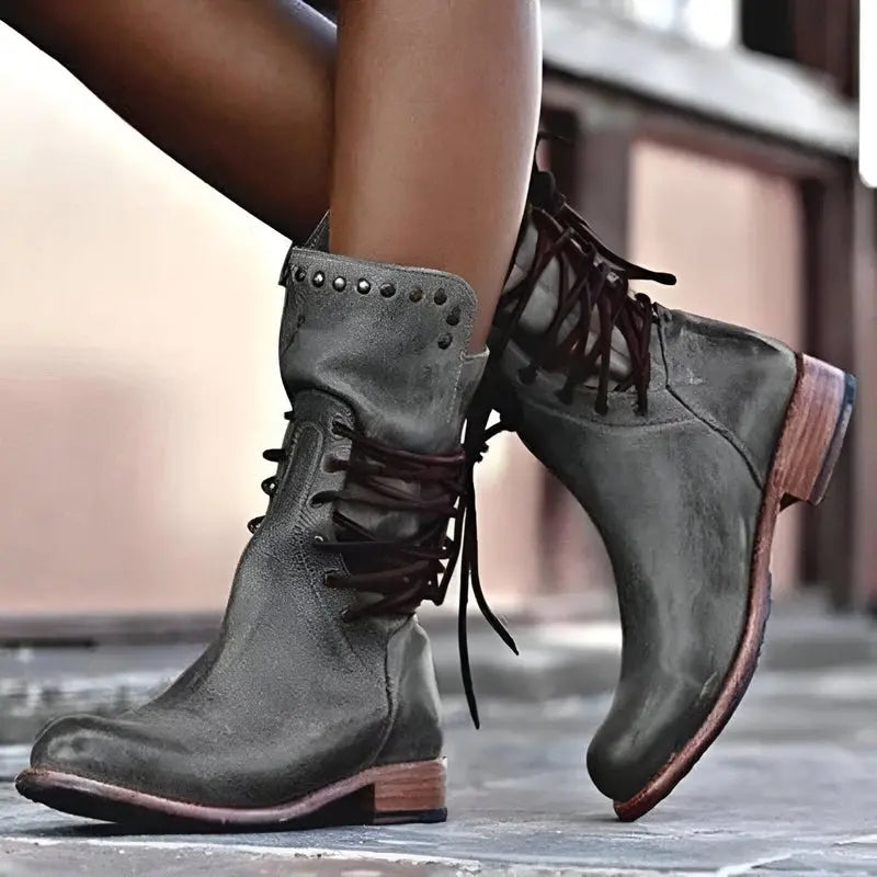 Women’s Studded Lace-Up Mid-Calf Boots with Low Heel and Vintage Finish