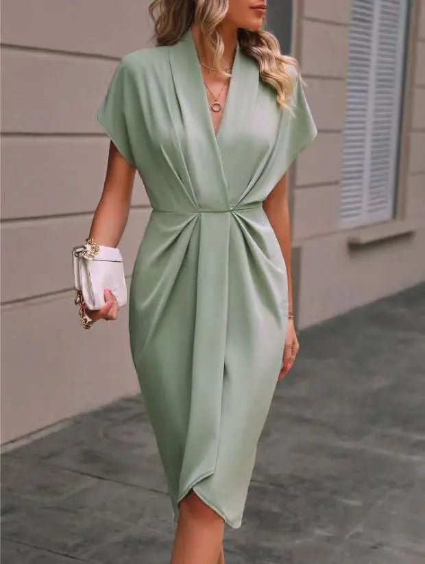 Women’s Short-Sleeve Midi Dress With Draped Front And Side Slit