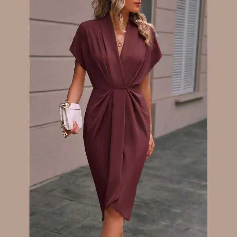 Women’s Short-Sleeve Midi Dress With Draped Front And Side Slit
