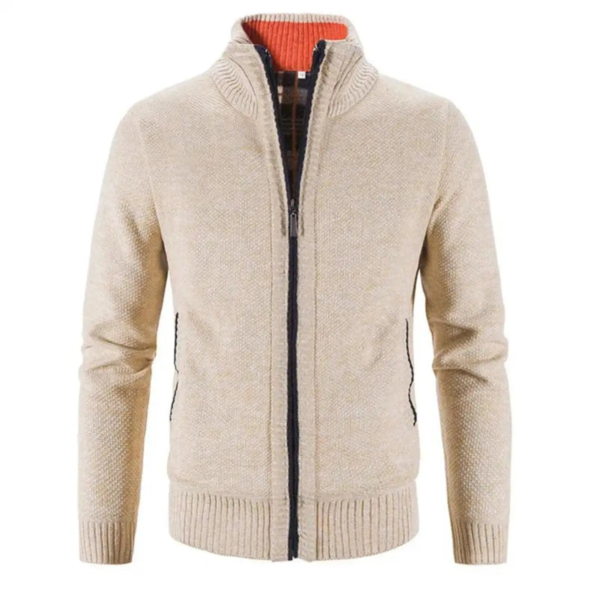 Men's Structured Zip-Up Cardigan with Mock Neck and Contrast Trim