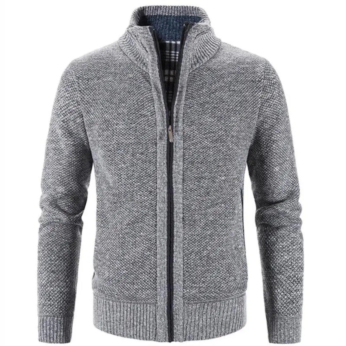 Men's Structured Zip-Up Cardigan with Mock Neck and Contrast Trim