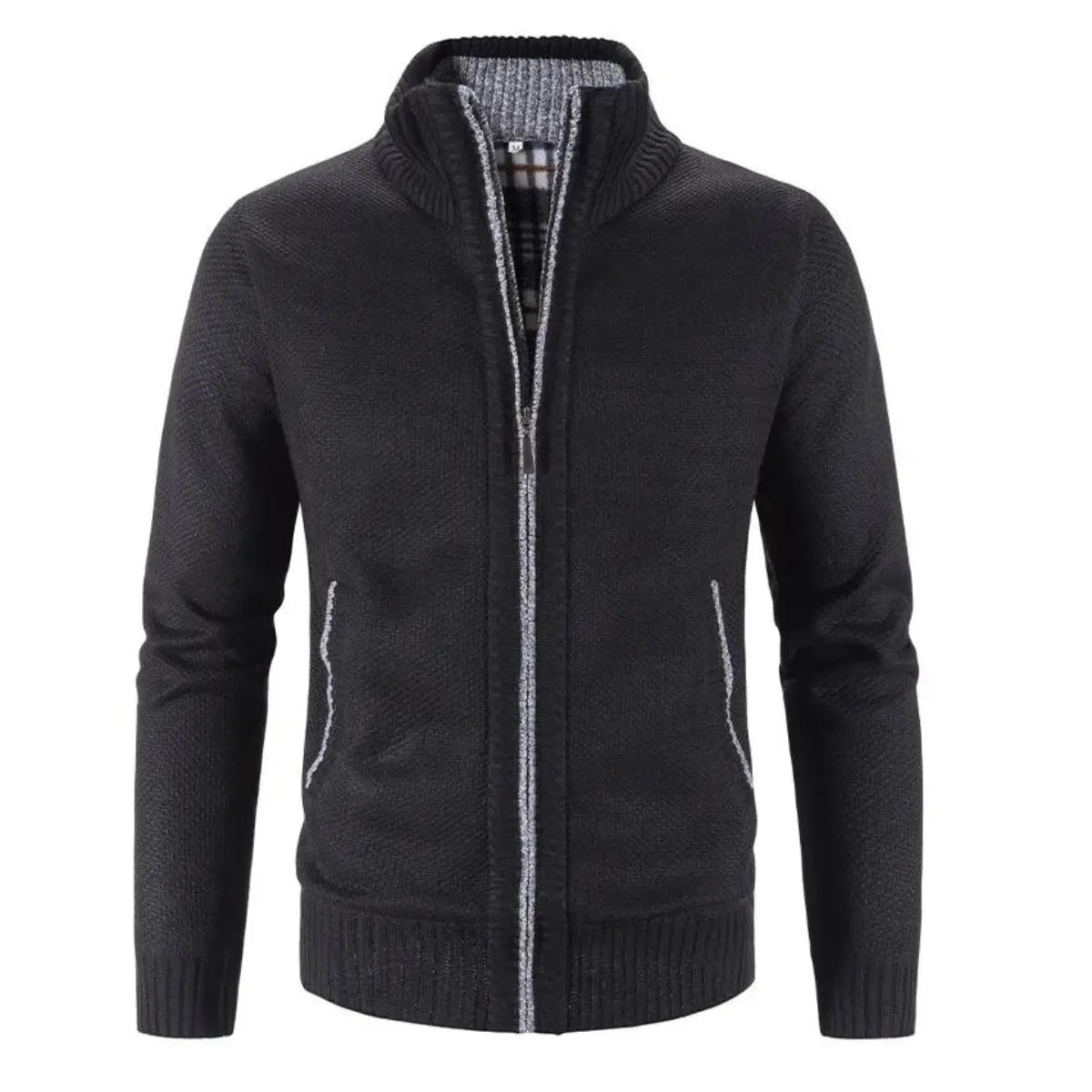 Men's Structured Zip-Up Cardigan with Mock Neck and Contrast Trim