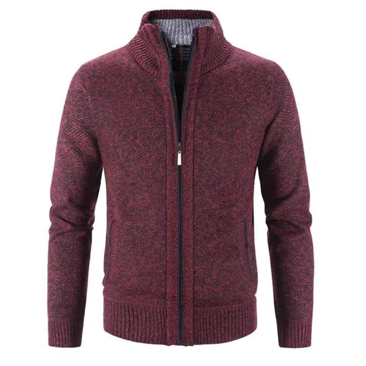 Men's Structured Zip-Up Cardigan with Mock Neck and Contrast Trim