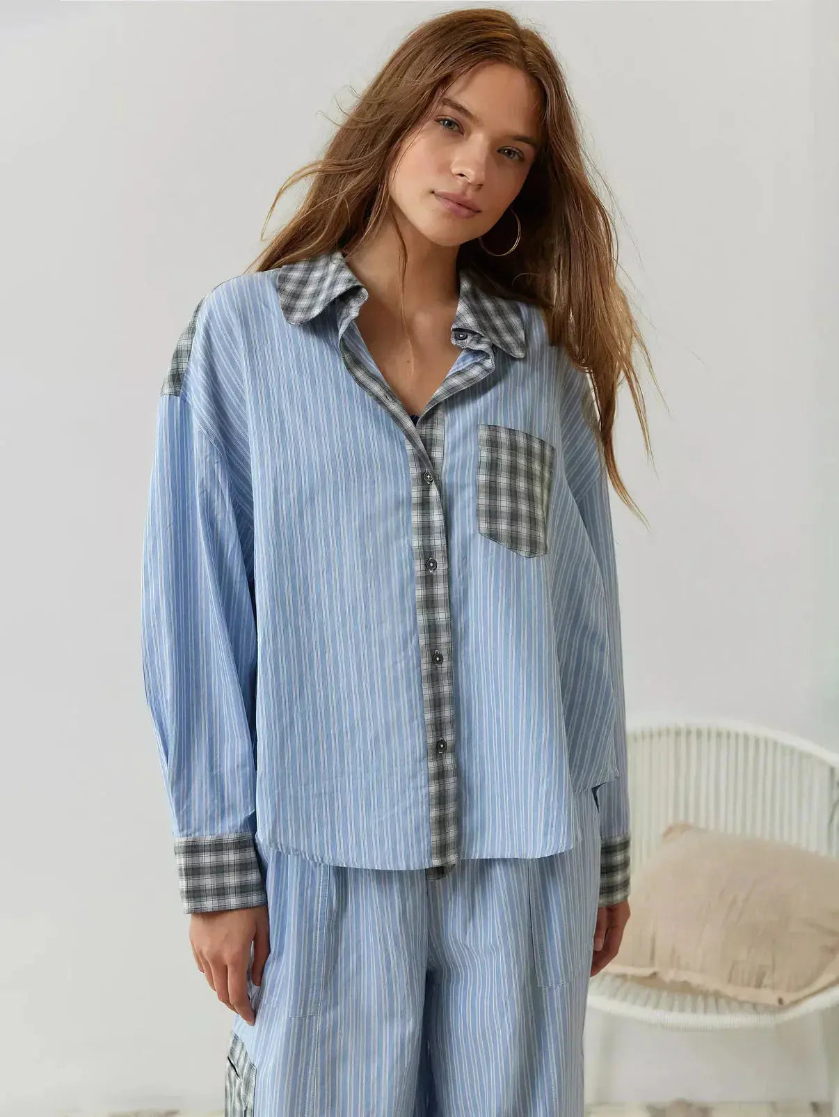 Women's 2-Piece Pyjama Set with Long Sleeve Button Shirt and Trousers