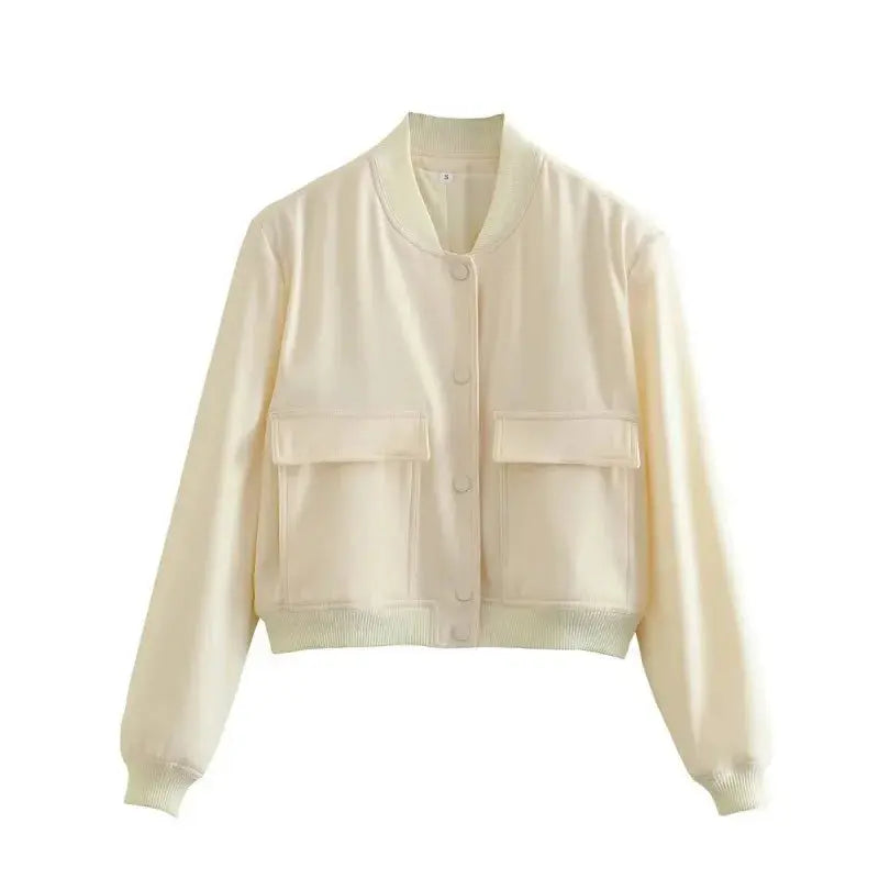 Women's Casual Bomber Jacket with Front Buttons and Flap Pockets