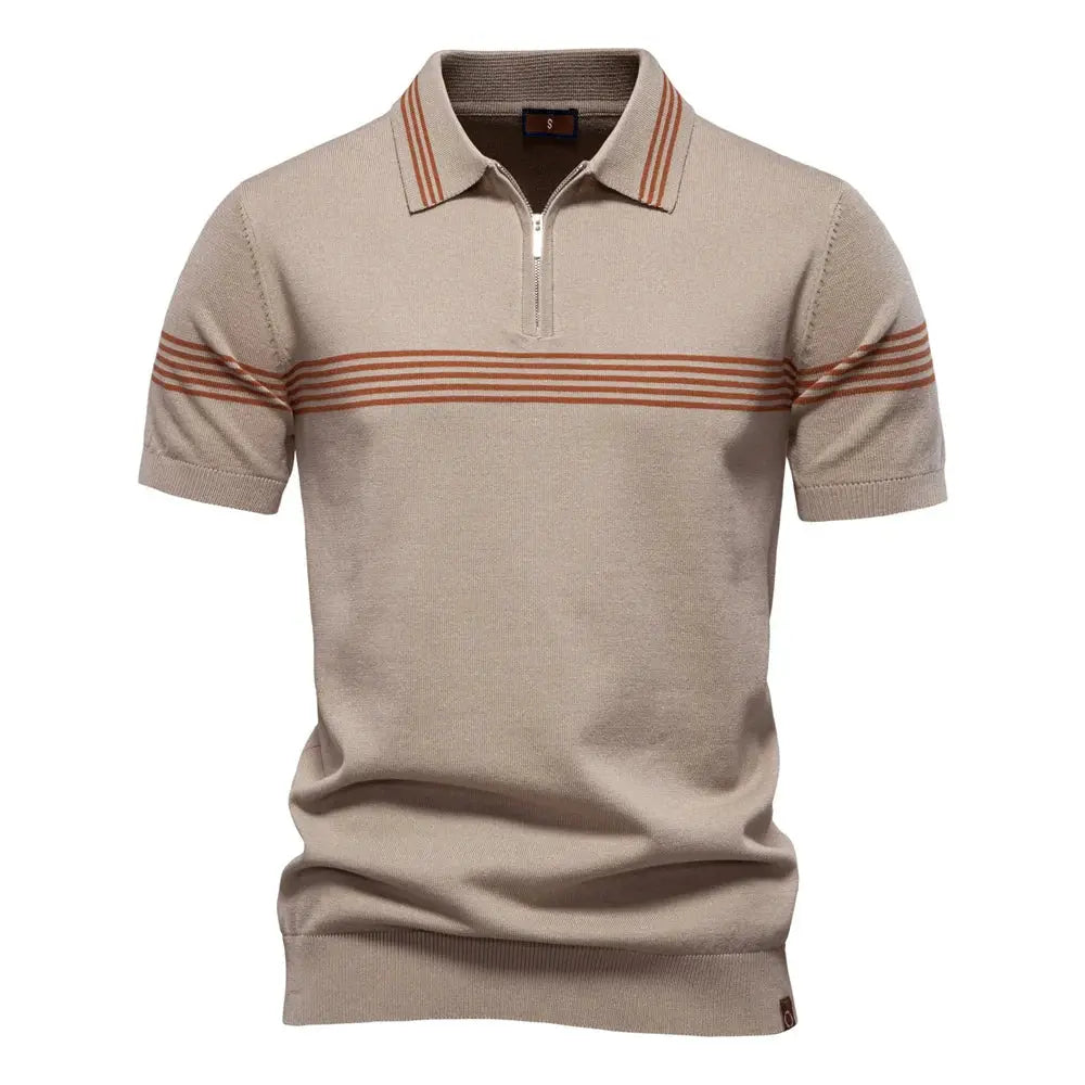 Men's Short-Sleeve Zip Polo Shirt with Chest Stripe and Slim Fit