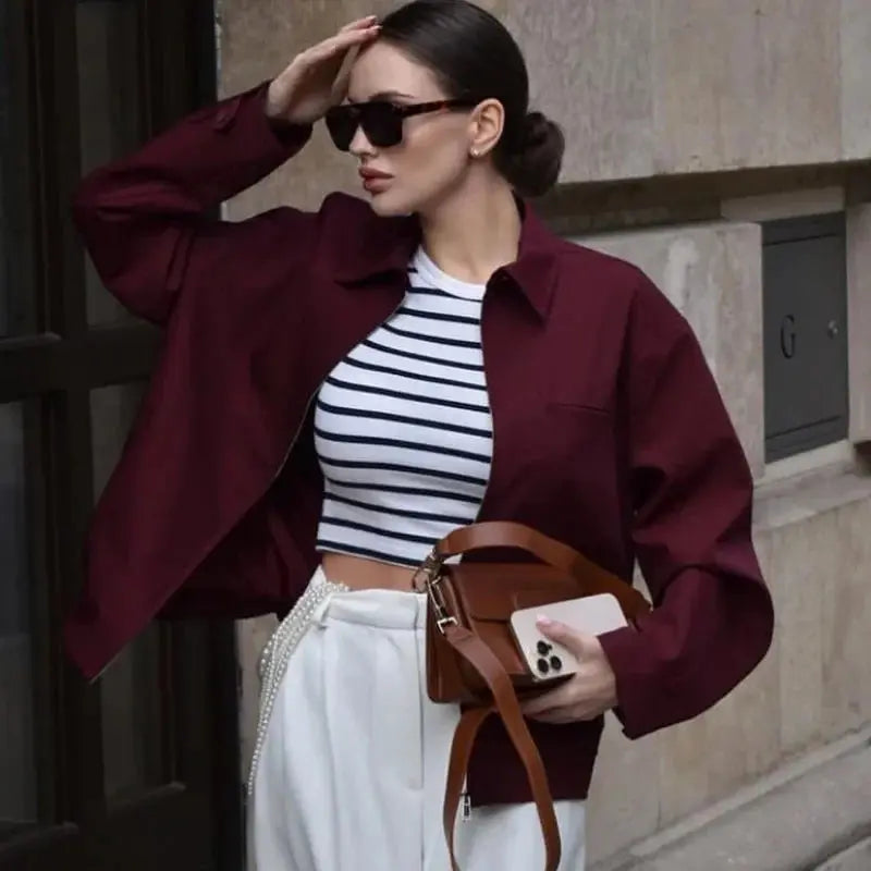 Women's Cropped Bomber Jacket with Long Sleeves and Modern Tailored Fit