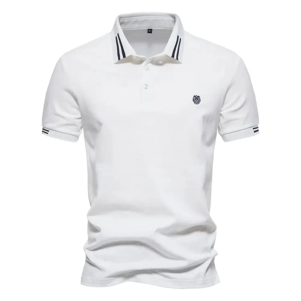 Men's Short-Sleeve Polo Shirt with Stripe Trim and Chest Logo