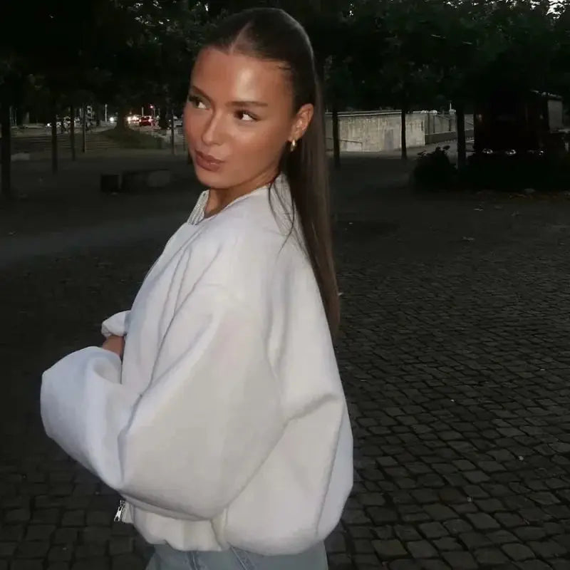 Women's Cropped Bomber Jacket with Long Sleeves and Zip Front