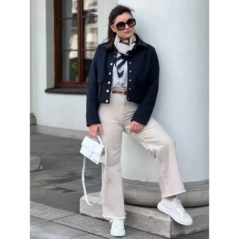 Women's Cropped Aviator Bomber Jacket with Button Front & Pockets