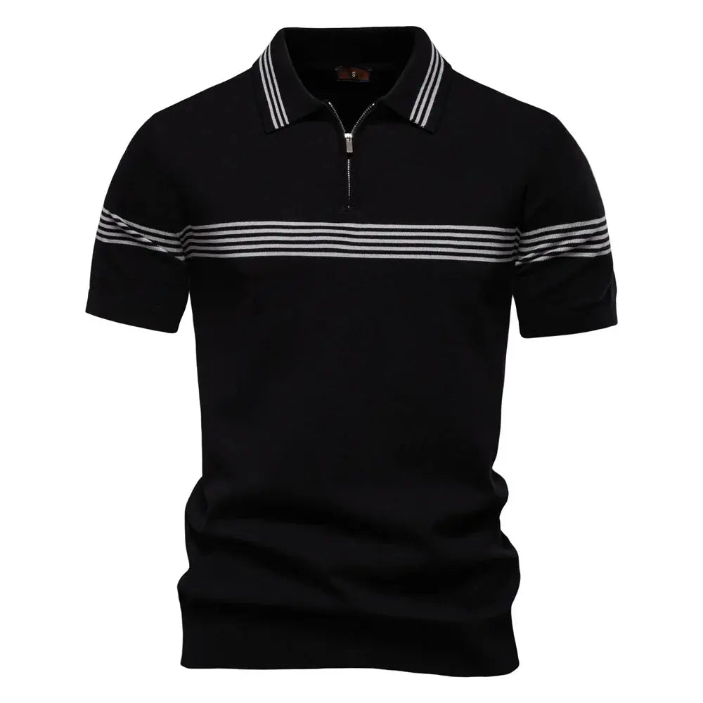 Men's Short-Sleeve Zip Polo Shirt with Chest Stripe and Slim Fit