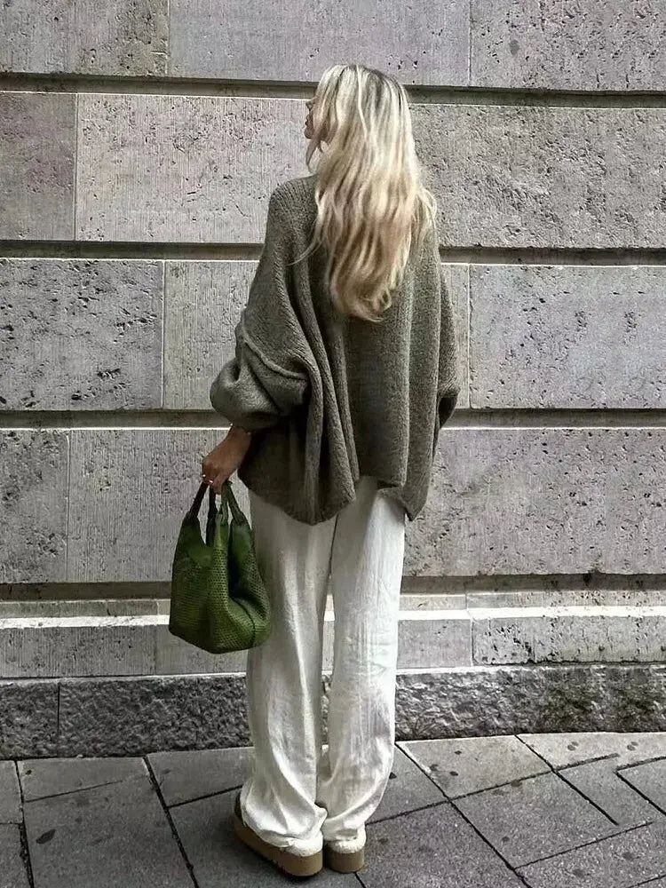 Women's Bat Sleeve Cardigan with Lapel and Metal Button Detail