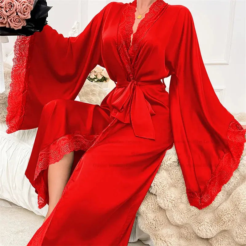 Women's Long Lace Kimono Dressing Gown with Belted Waist and Wide Sleeves