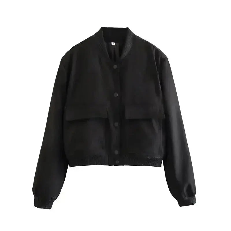 Women's Cropped Baseball Collar Bomber Jacket with Snap Buttons