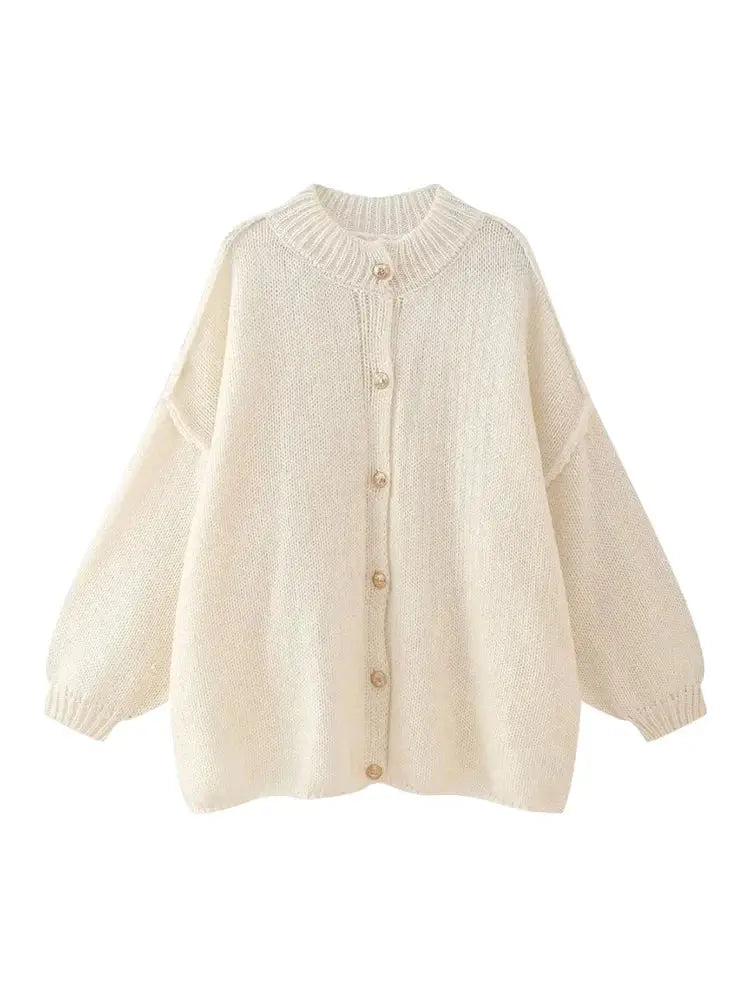 Women's Bat Sleeve Cardigan with Lapel and Metal Button Detail