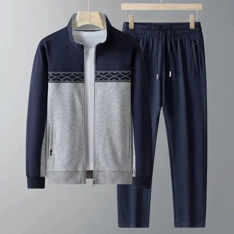 Men's Tracksuit Two Piece Set with Zip Jacket and Geometric Detail