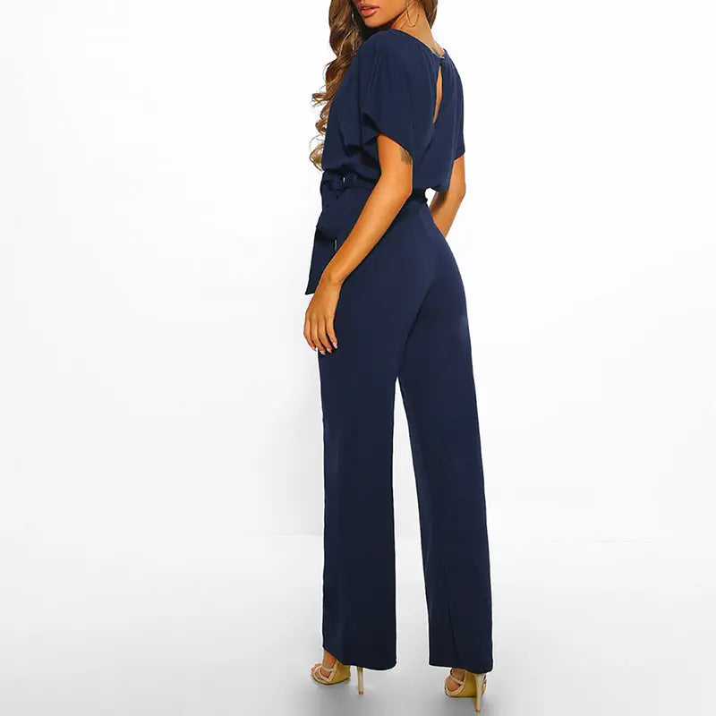 Women’s Short-Sleeve Jumpsuit With Wide-Leg Pants And Waist Tie