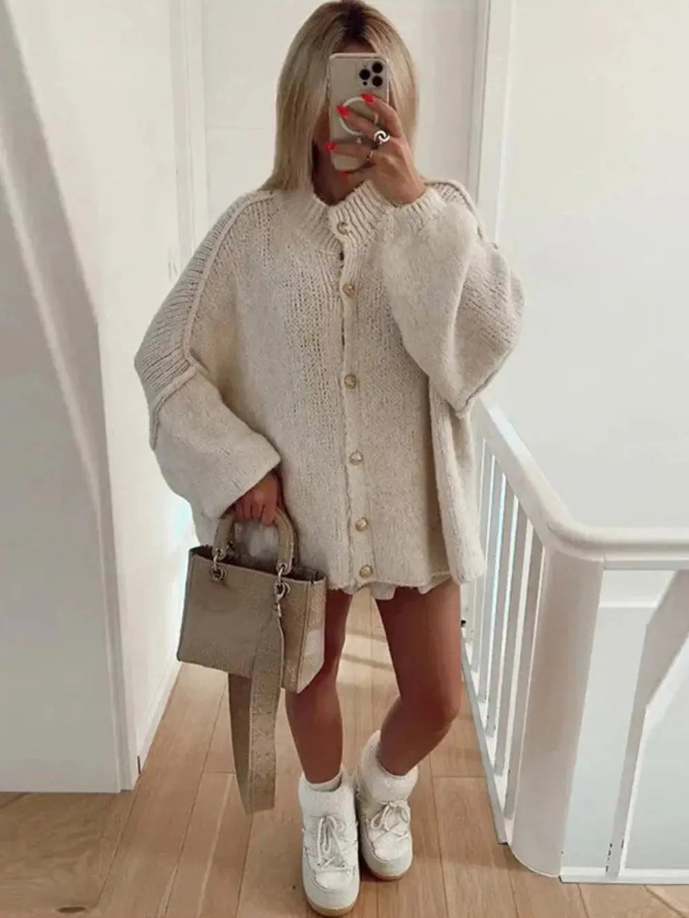 Women's Bat Sleeve Cardigan with Lapel and Metal Button Detail