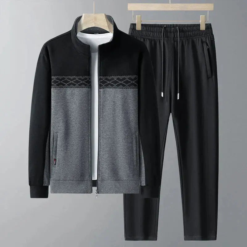 Men's Tracksuit Two Piece Set with Zip Jacket and Geometric Detail
